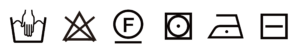 洗濯表示:手洗い(40℃)、漂白禁止、アイロン低温、ドライセキユ系弱、タンブル低温、平干し