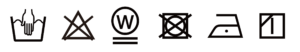 洗濯表示：手洗い（40℃）、漂白禁止、アイロン低温、ウエットクリーニング弱弱、タンブル乾燥禁止、日陰つり干し